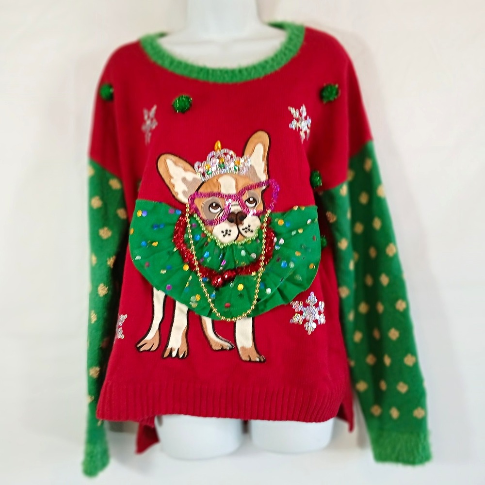 Merry & Bright Christmas Dog Sweater Red Green Beaded Knit Sz XL Christmas party